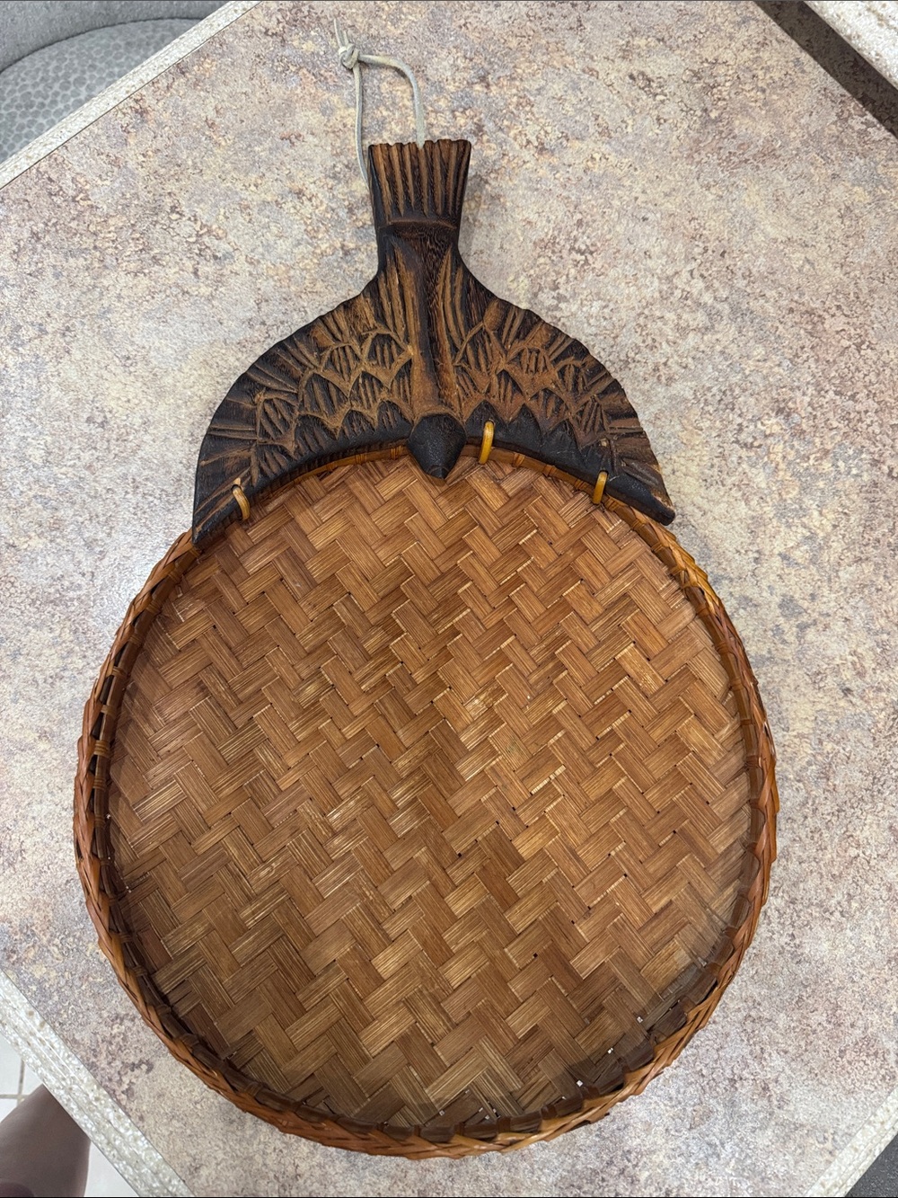 Handwoven Brown Bamboo Serving Tray with Carved bird Handle